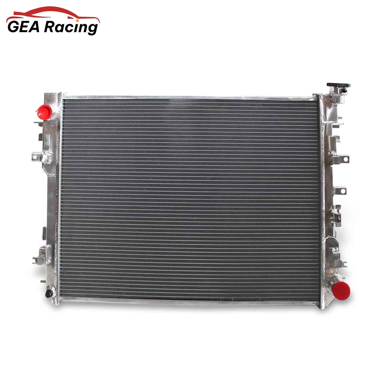 Front view of the 3 Row Aluminum Radiator for a 2009-2018 Dodge Ram 1500, 2500, 3500 with a 4.7L or 5.7L V8 and a manual transmission (MT).