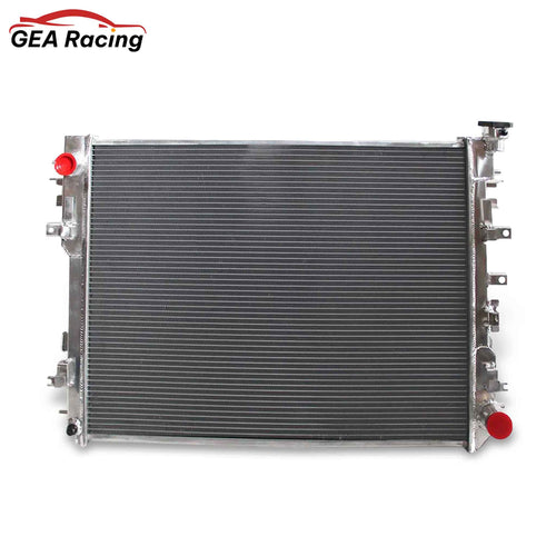 Front view of the 3 Row Aluminum Radiator for a 2009-2018 Dodge Ram 1500, 2500, 3500 with a 4.7L or 5.7L V8 and a manual transmission (MT).
