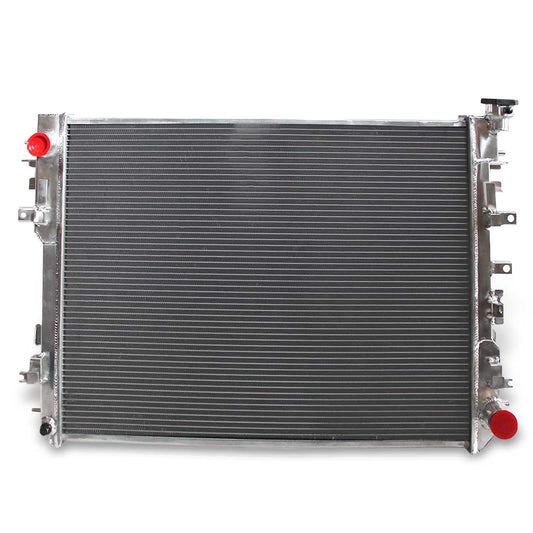 Front view of the 3 Row Aluminum Radiator for a 2009-2018 Dodge Ram 1500, 2500, 3500 with a 4.7L or 5.7L V8 and a manual transmission (MT).