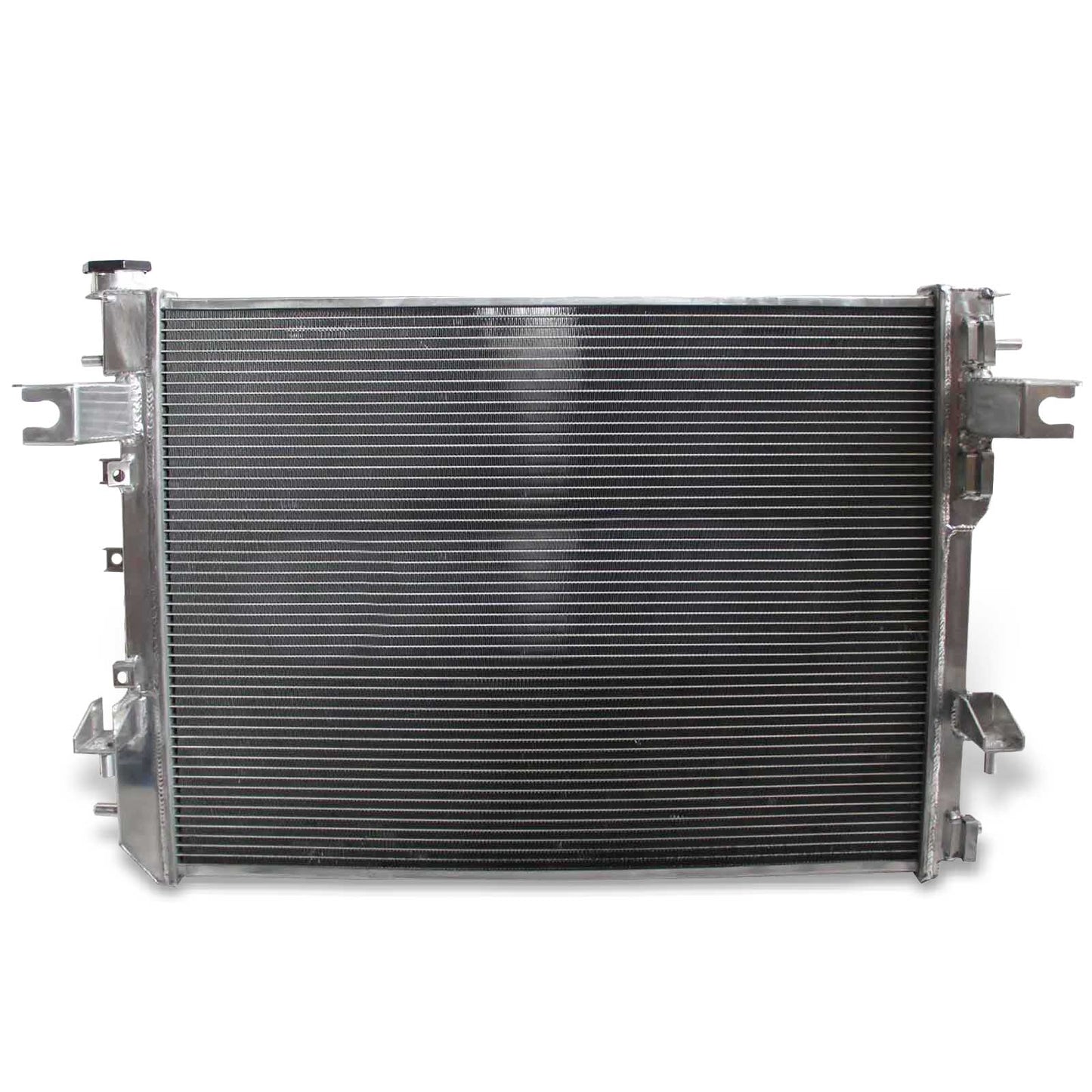 Rear view of the 3 Row Aluminum Radiator for a 2009-2018 Ram 2500/3500, showing connections for manual transmission (MT) V8 models.