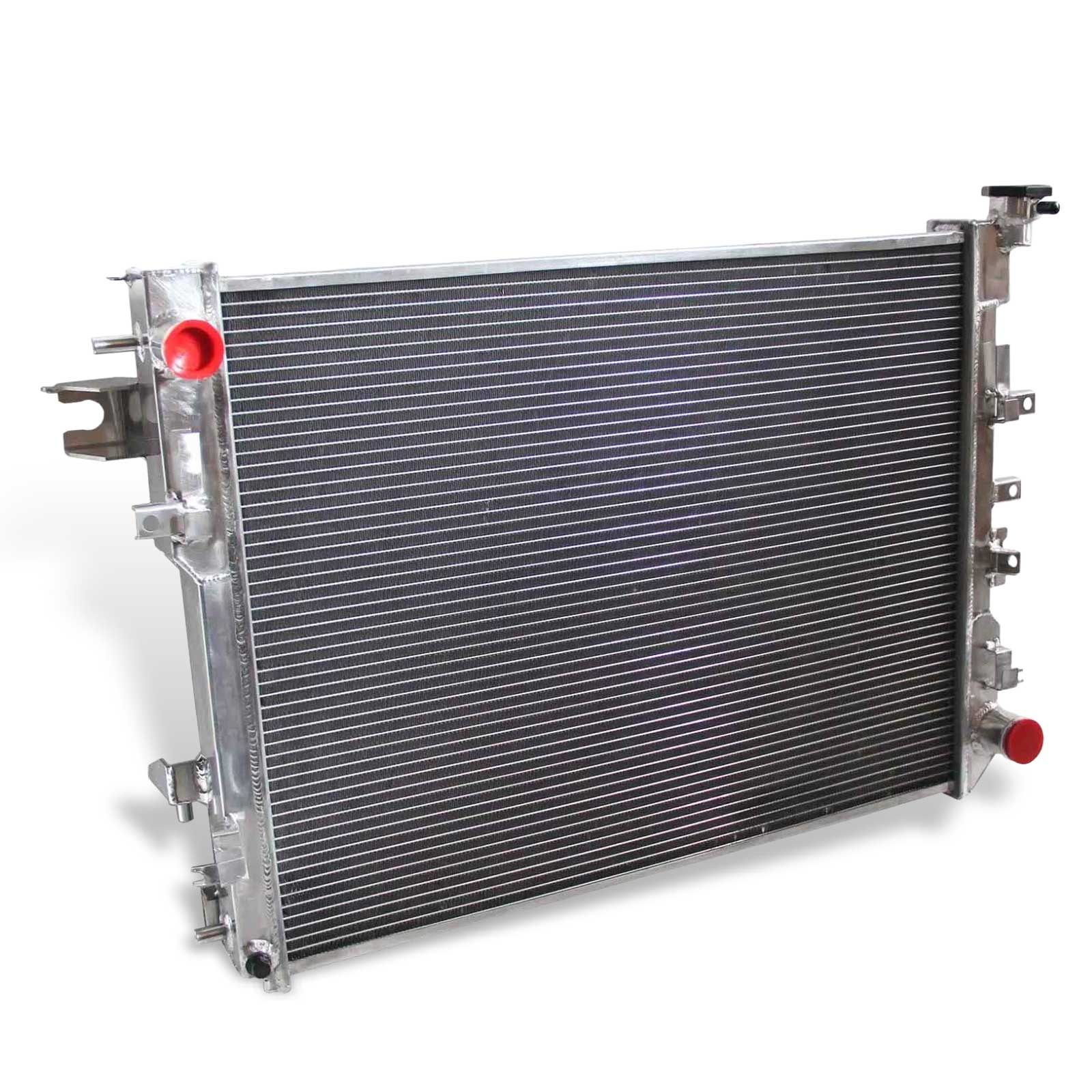 Left side profile of the 3 Row Aluminum Radiator, highlighting the core thickness for heavy-duty cooling on a 2009-2018 Ram 3500 V8 MT.