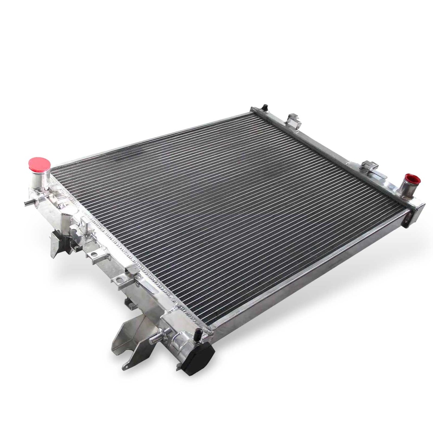 Top view of the 3 Row Aluminum Radiator for a 09-18 Ram V8 MT, showing the reinforced filler neck and all-aluminum construction.
