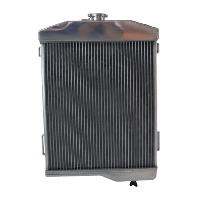 Back view of the 3-row aluminum radiator for Austin-Healey, detailing the precise mounting points and hose connections for a perfect fit.