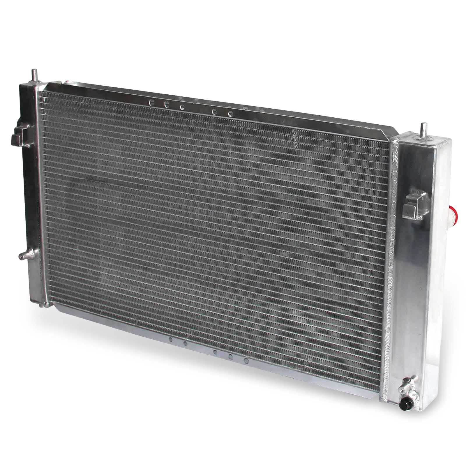 Rear view of the 3 Row Aluminum Radiator for a 2002-2005 Cavalier/Sunfire, highlighting the integrated automatic transmission cooler ports.