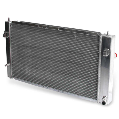 Rear view of the 3 Row Aluminum Radiator for a 2002-2005 Cavalier/Sunfire, highlighting the integrated automatic transmission cooler ports.