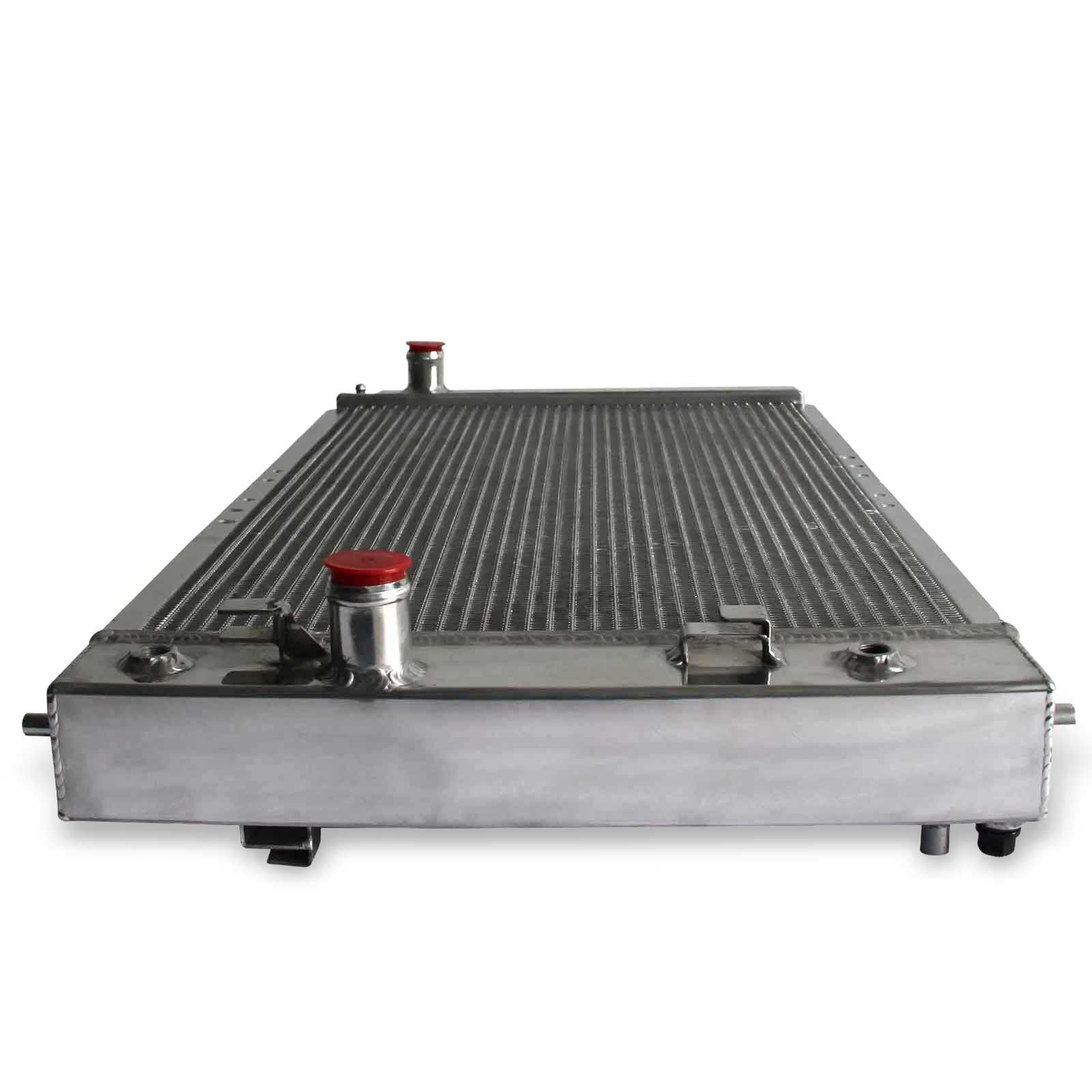 Detailed close-up of the TIG-welded tank and brass petcock drain on the 3 Row Aluminum Radiator for a 2002-2005 Chevrolet Cavalier.