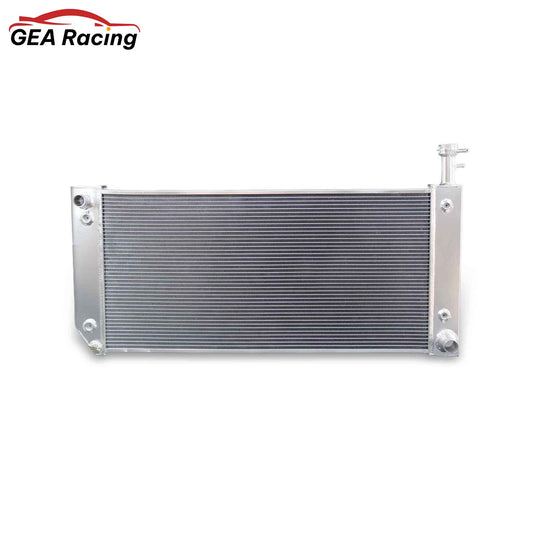 Front view of a 3-row full aluminum radiator for a 2004-2019 Chevrolet Express or GMC Savana 6.0L V8, showcasing the high-density cooling core and tanks.