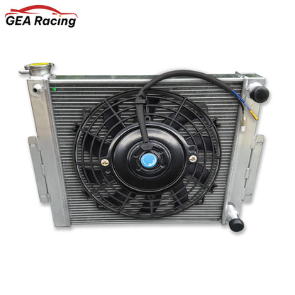Complete cooling package: the 3 row aluminum radiator with a dual fan and shroud kit for maximum airflow on a Jeep CJ7 LS swap.