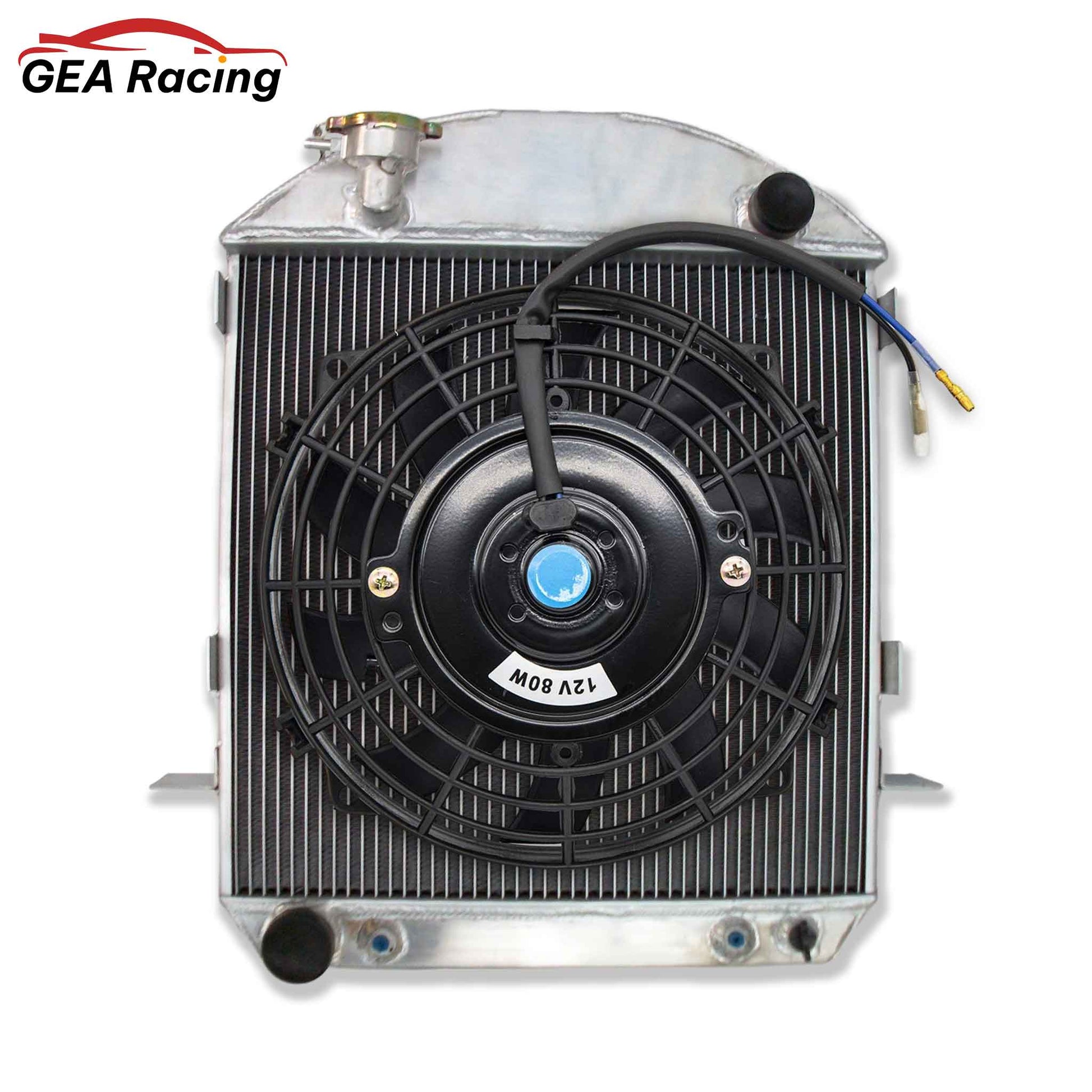Complete cooling solution: 3-row aluminum radiator with a custom-fit fan and shroud kit for a Ford Model T Bucket (1917-1927).