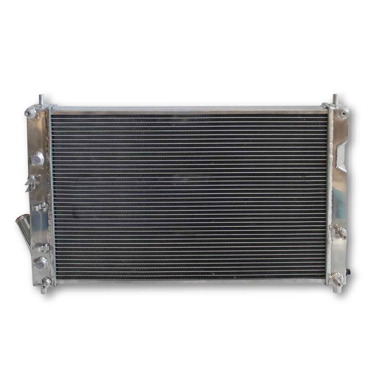 Rear view of the high-performance 3-row aluminum radiator for the 09-15 Chevy Aveo, Pontiac G3 1.6L, showing transmission cooler connections.
