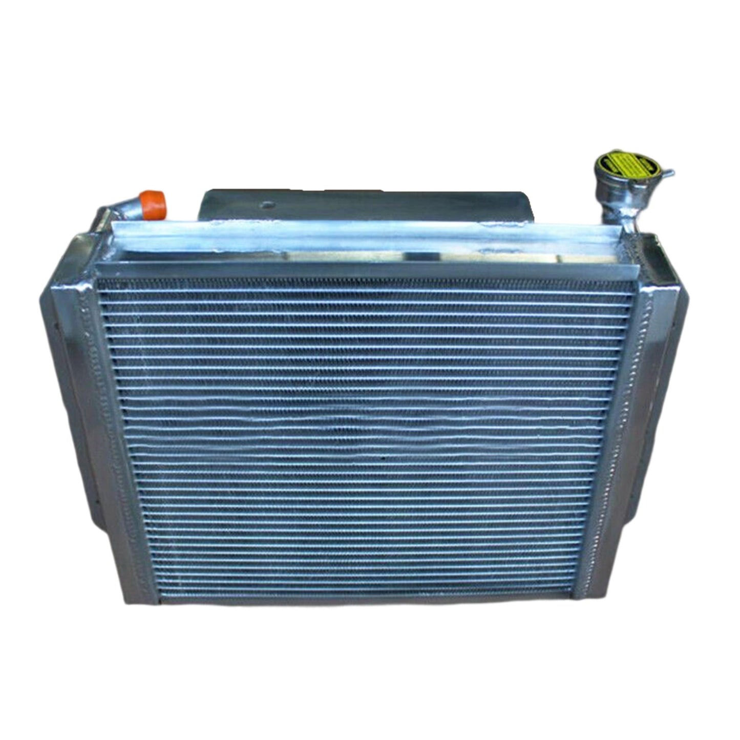 Back view of the 3-row crossflow aluminum radiator for MG MGA, detailing the mounting points and hose connections for 1955-1962 models.