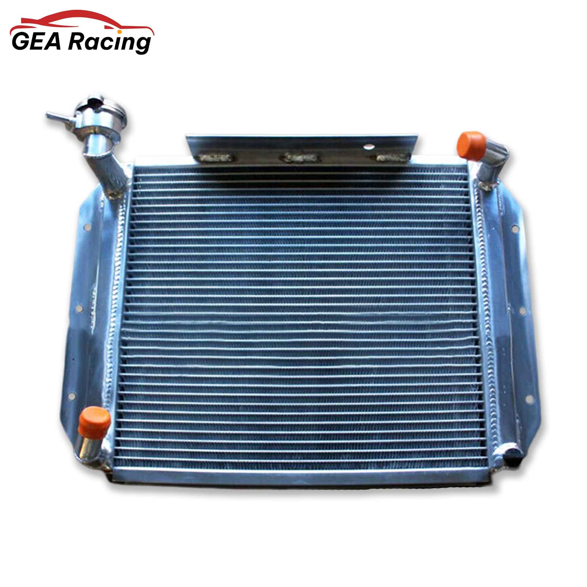 Front view of the 3-row crossflow aluminum radiator for the 1955-1962 MG MGA 1500, 1600, and 1622 MT DE LUXE models, showing core and tanks.