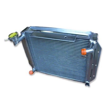 Right side profile of the MT crossflow radiator for a classic 1955-1962 MG MGA, showing the core thickness and inlet/outlet ports.