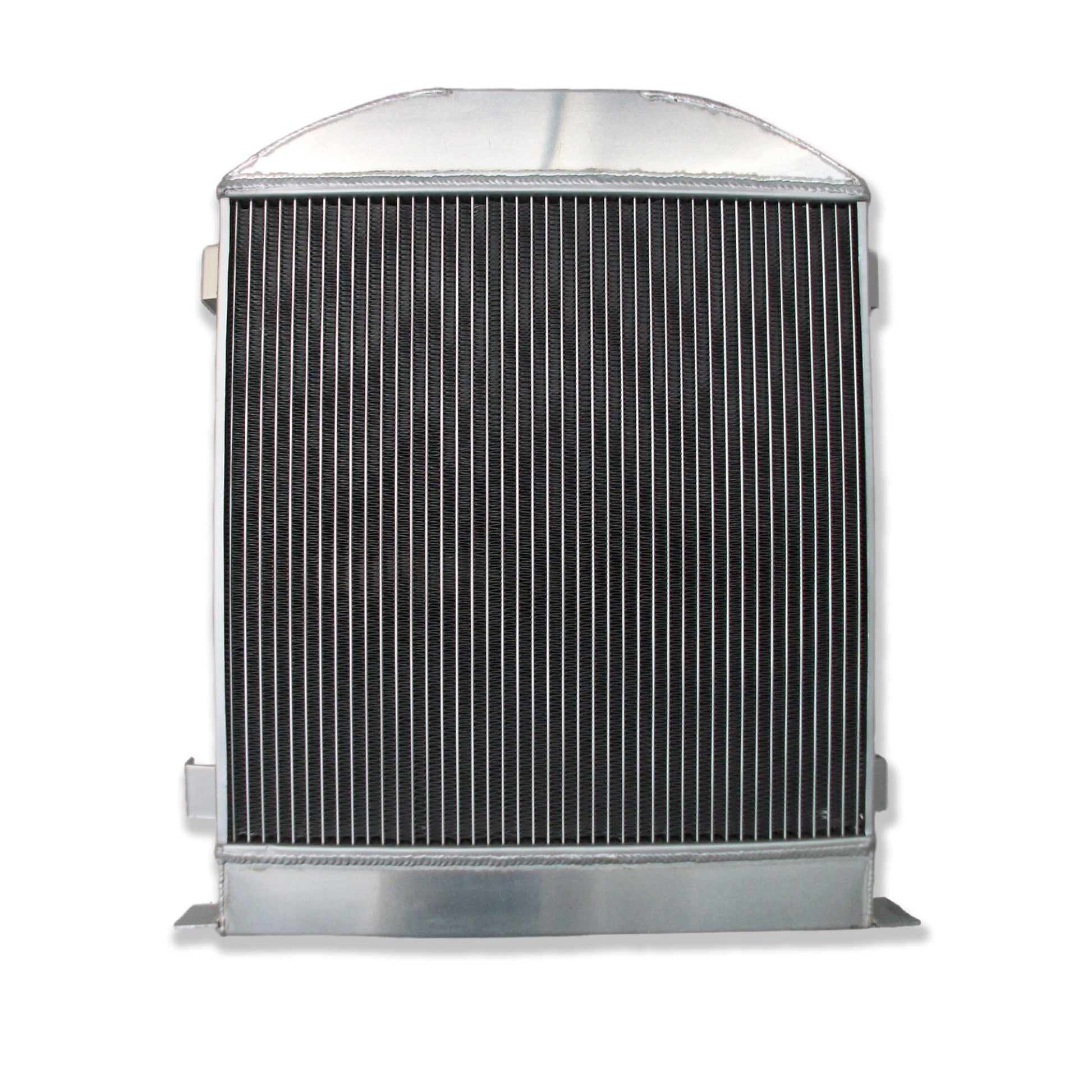Back view of the 3-row aluminum radiator for a 32 Ford hot rod, showing the mounting points and Chevy V8 hose configuration.
