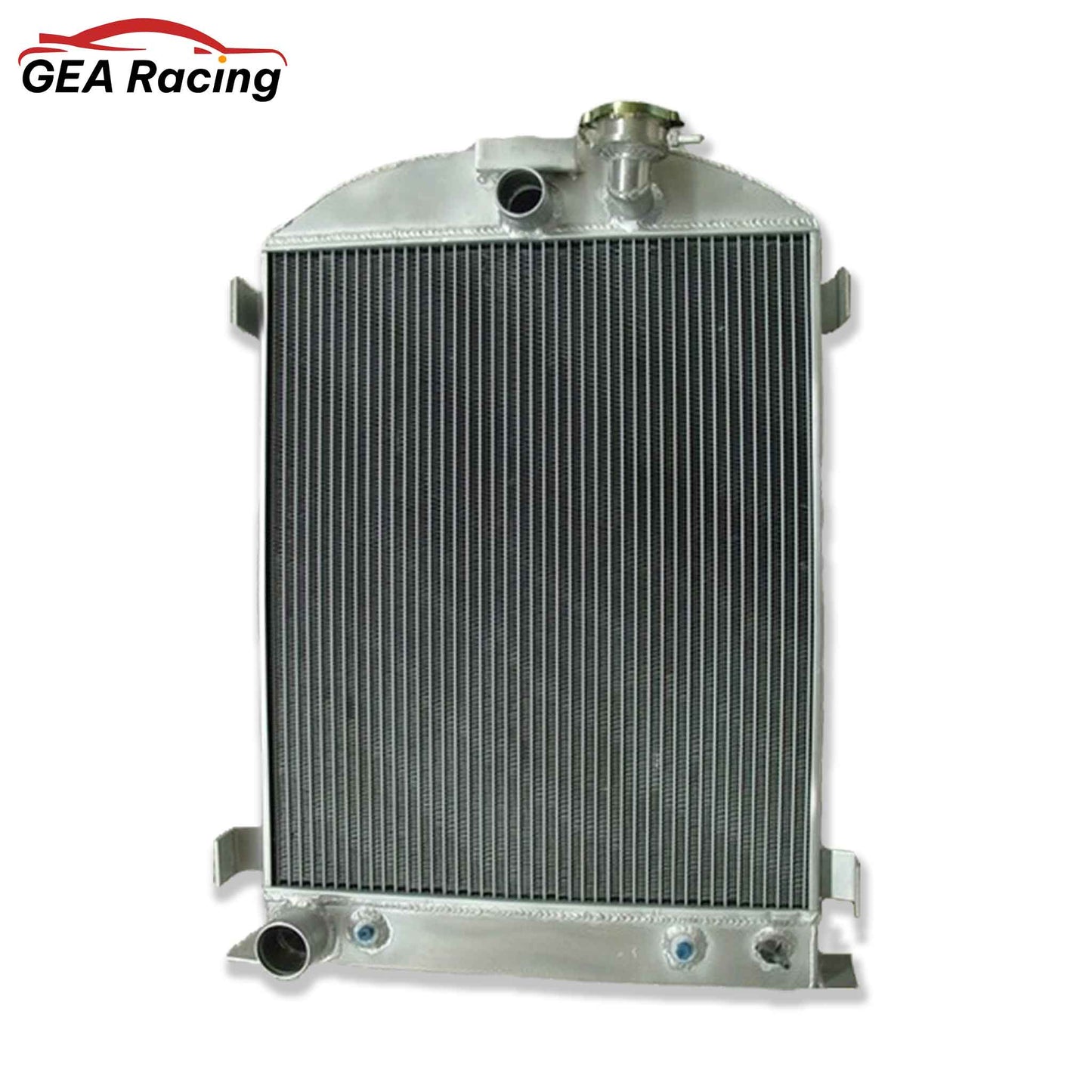 Front view of the shorter 3-row aluminum radiator for a 1932 Ford with a chopped Hi-Boy grill and Ford V8 engine.
