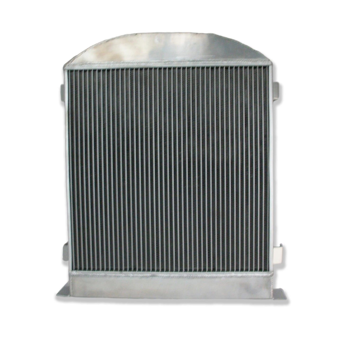 Back view of the 3-row aluminum radiator for a 32 Ford Low Boy, showing the AT cooler fittings for a Ford 302 V8.