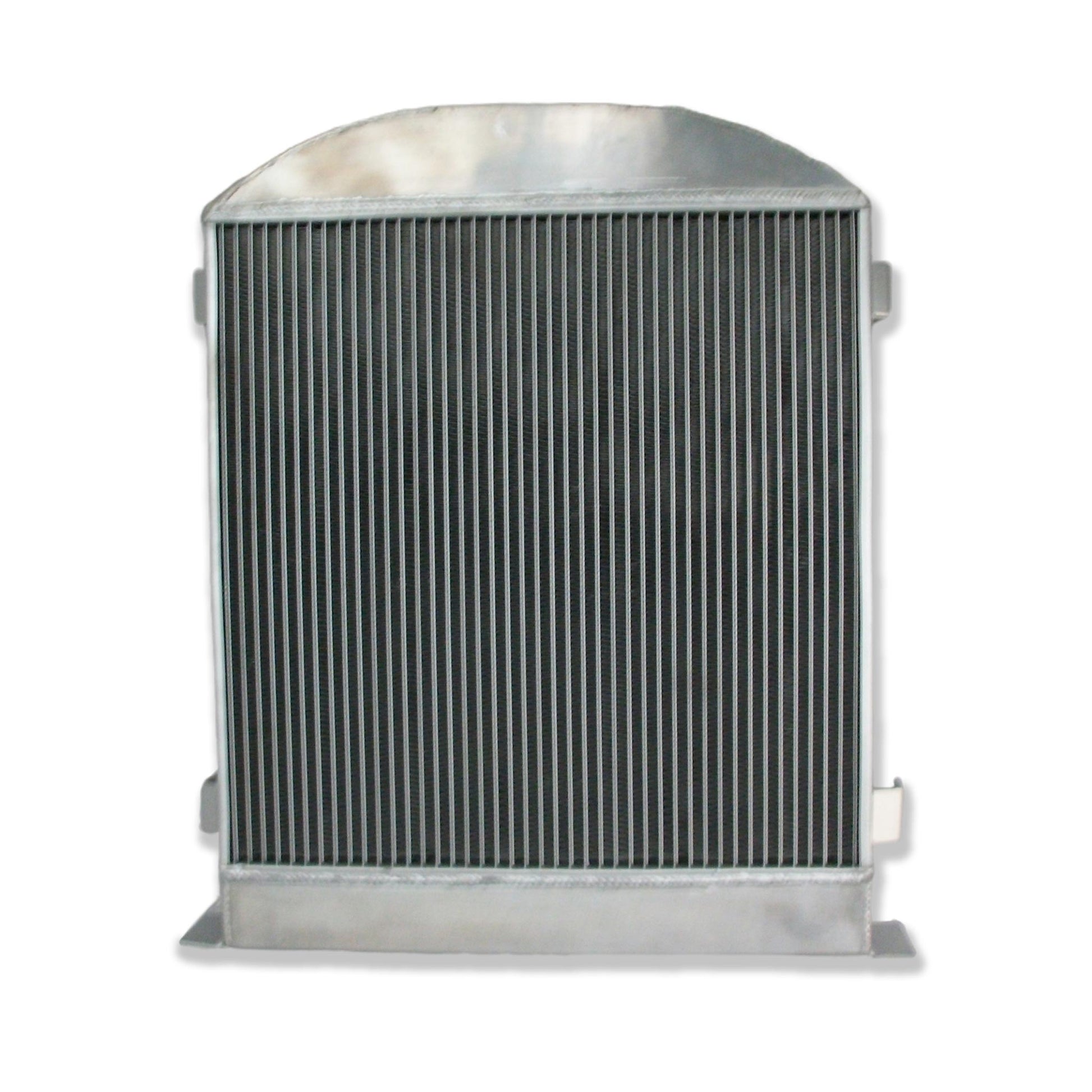 Back view of the 3-row aluminum radiator for a 32 Ford Low Boy, showing the AT cooler fittings for a Ford 302 V8.