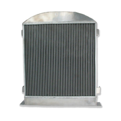 Back view of the 3-row aluminum radiator for a 32 Ford Low Boy, showing the AT cooler fittings for a Ford 302 V8.