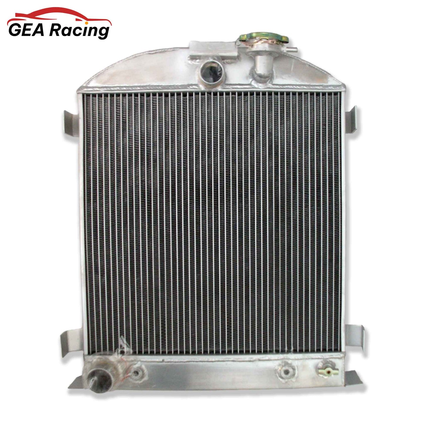 Front view of the 3-row aluminum radiator for a 1932 Ford Low Boy street rod with a Ford 302 V8 engine.