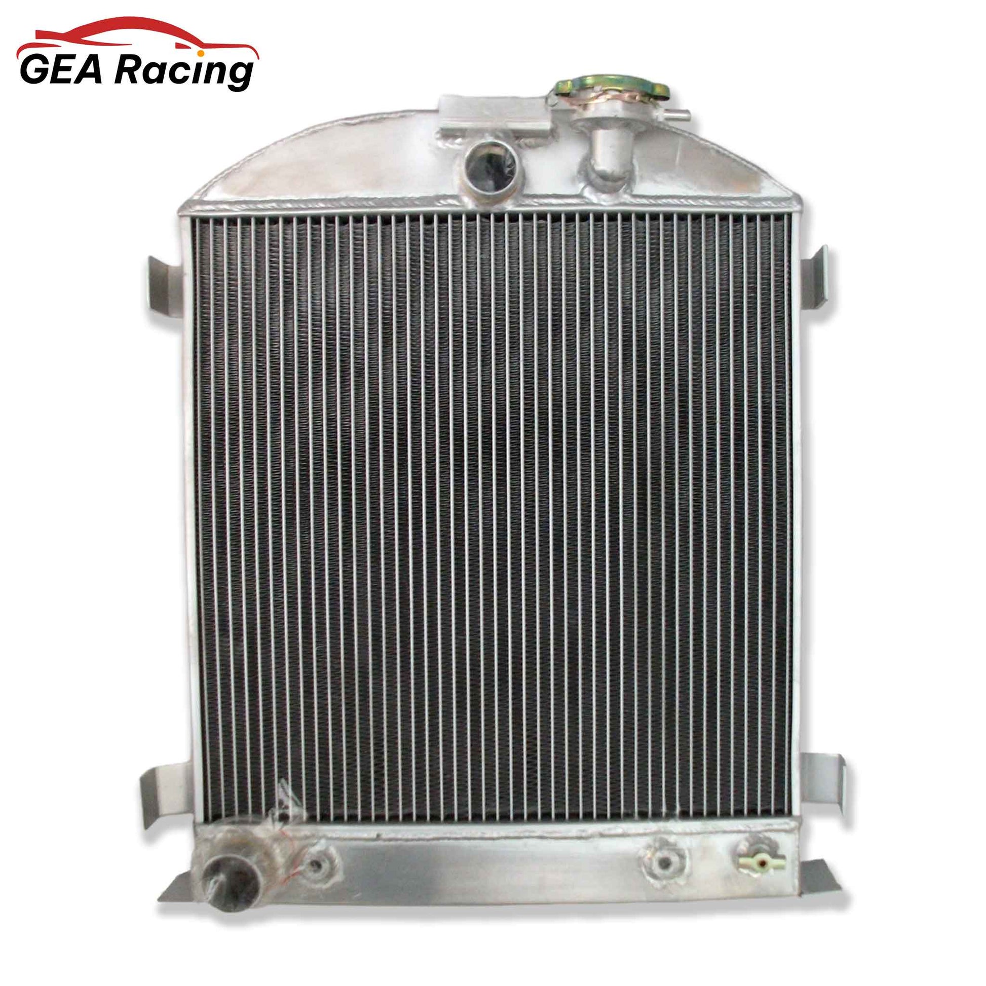 Front view of the 3-row aluminum radiator for a 1932 Ford Low Boy street rod with a Ford 302 V8 engine.