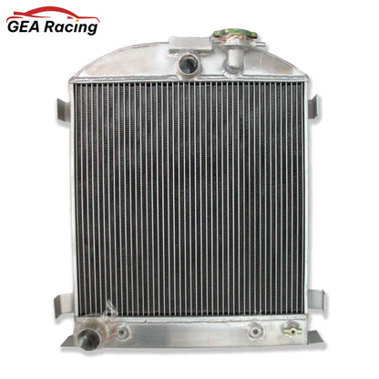 Front view of the 3-row aluminum radiator for a 1932 Ford Low Boy street rod with a Ford 302 V8 engine.