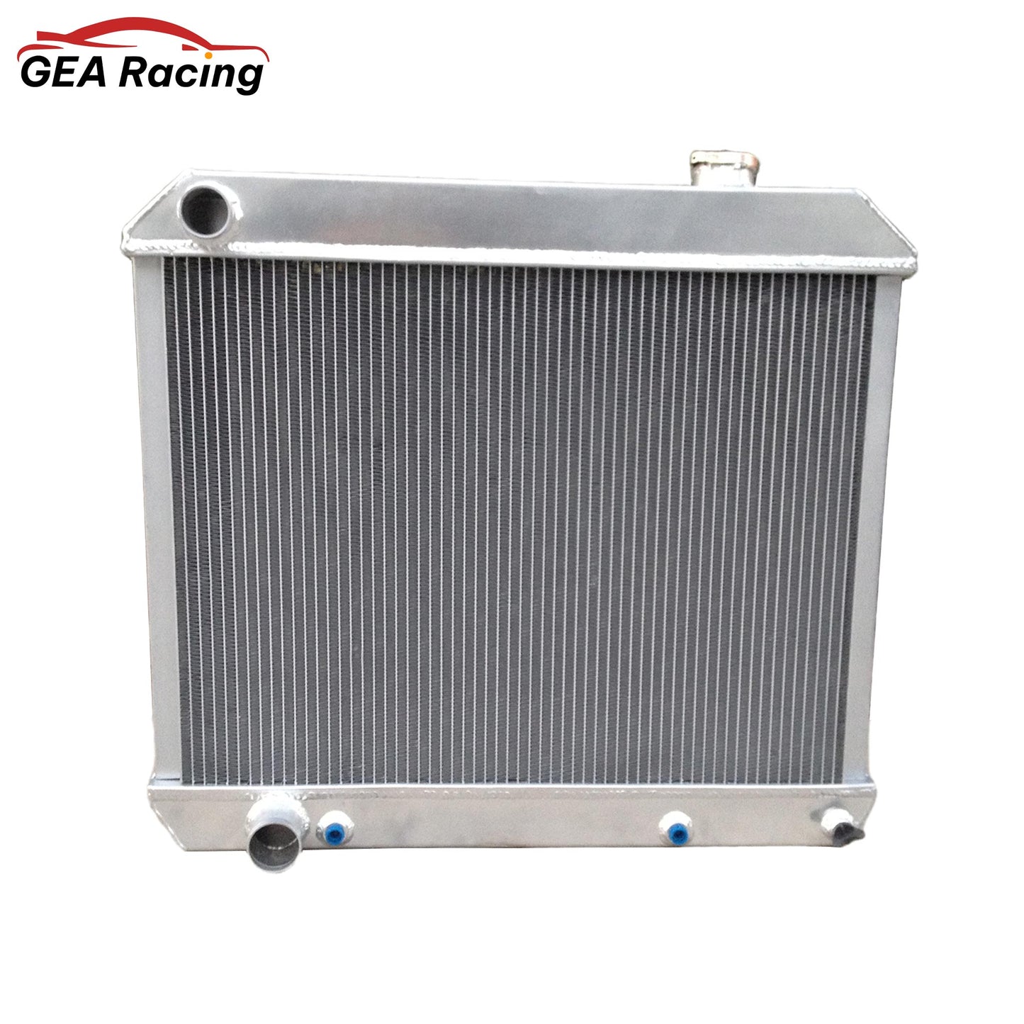 Front view of the 3-row aluminum radiator for a 1960-1965 Cadillac DeVille and Oldsmobile 88 or Starfire.