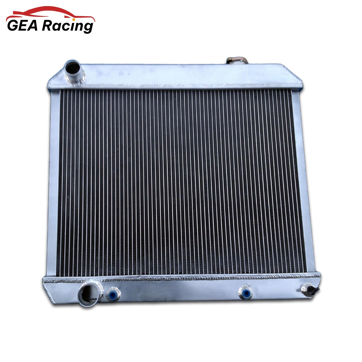 Top-down view of the 3-row radiator for a 60-65 Cadillac or Oldsmobile, featuring the filler neck and AT cooler ports.
