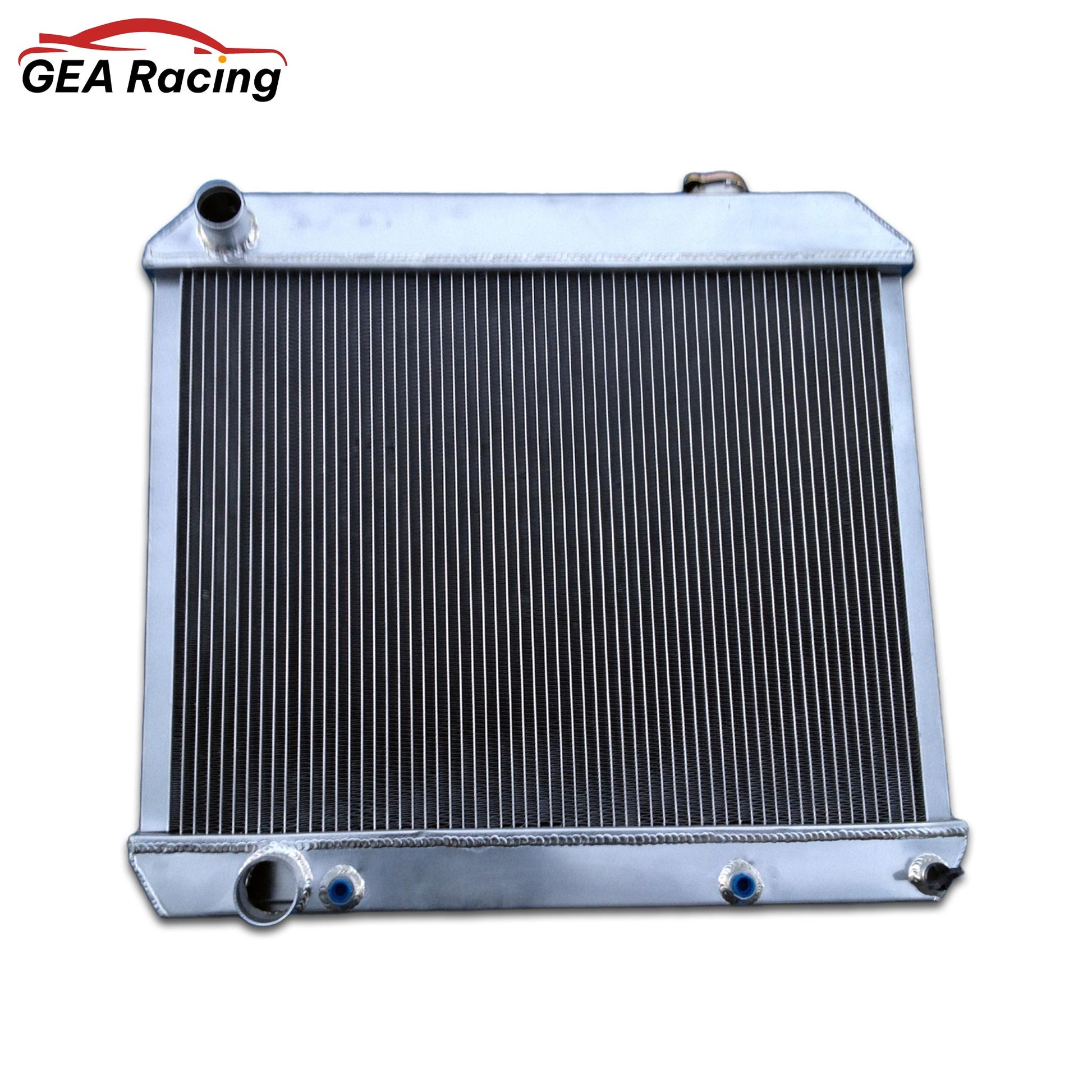 Top-down view of the 3-row radiator for a 60-65 Cadillac or Oldsmobile, featuring the filler neck and AT cooler ports.
