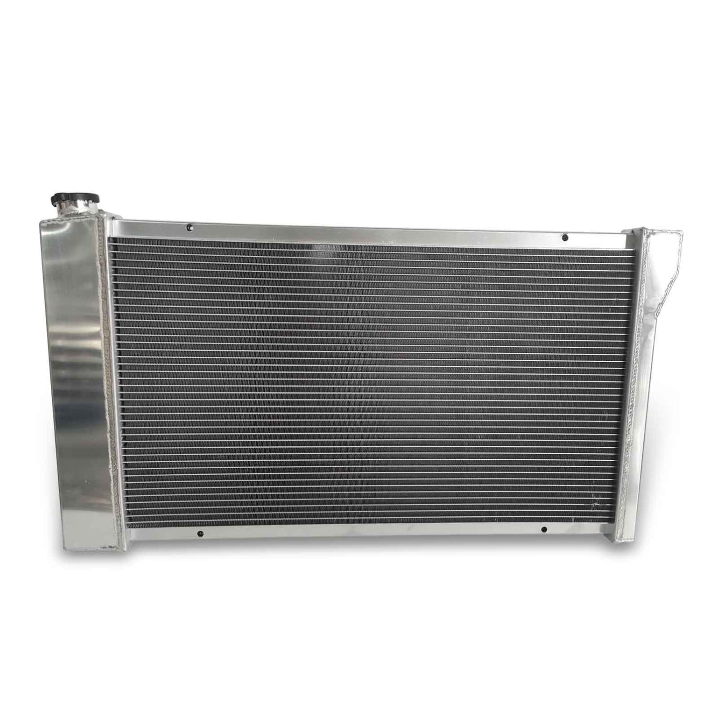 Rear view of the 3-Row aluminum radiator for 67-79 Chevy/GMC trucks, showing the robust construction and AT/MT transmission cooler fittings.