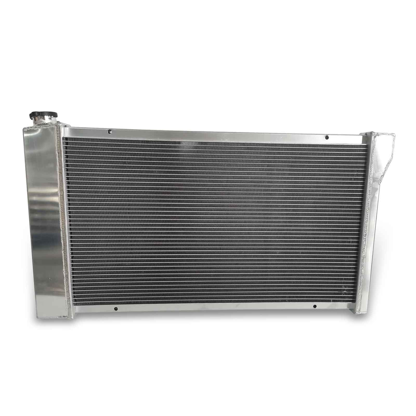 Rear view of the 3-Row aluminum radiator for 67-79 Chevy/GMC trucks, showing the robust construction and AT/MT transmission cooler fittings.