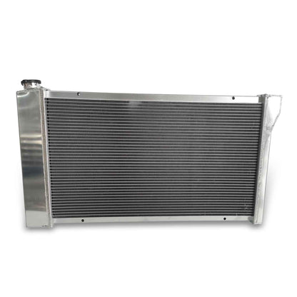 Rear view of the 3-Row aluminum radiator for 67-79 Chevy/GMC trucks, showing the robust construction and AT/MT transmission cooler fittings.