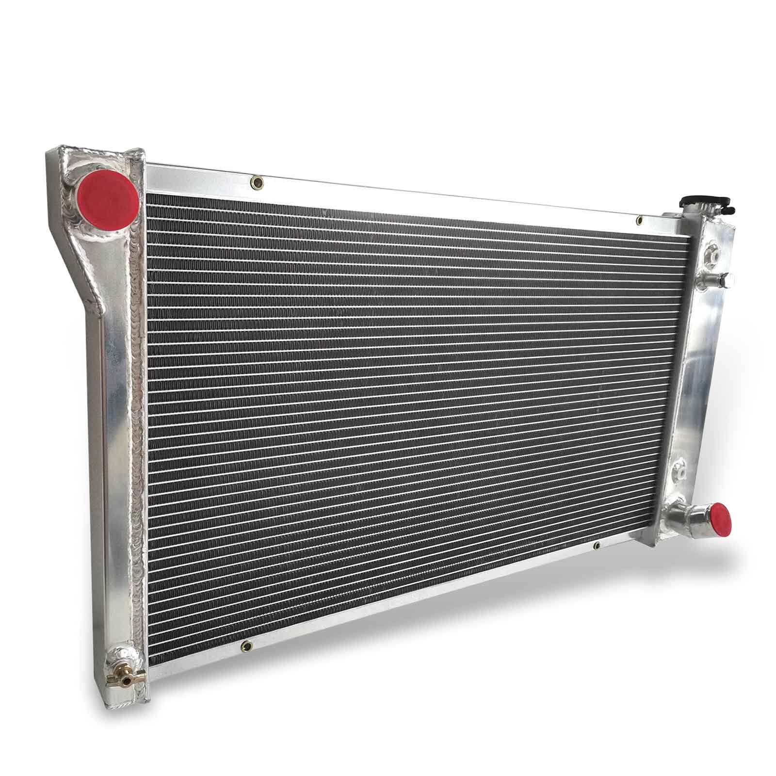 Left side profile of the 3-row aluminum radiator for 1967-1979 Chevy C10, K20, and GMC Jimmy, displaying the driver-side hose connections.