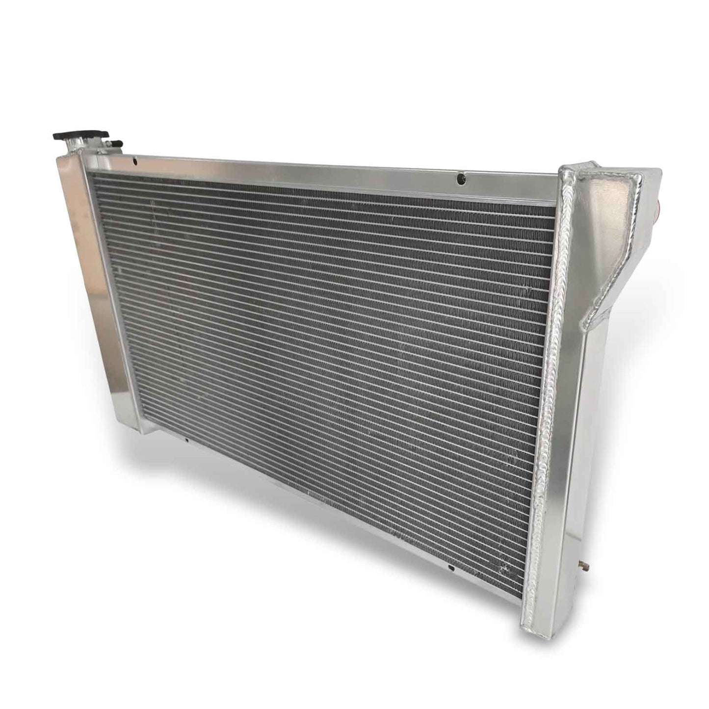Right side profile of the 3-row aluminum radiator compatible with 67-79 Chevy C/K and GMC G/P series vans and trucks, showing core depth.