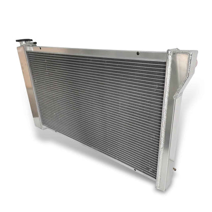 Right side profile of the 3-row aluminum radiator compatible with 67-79 Chevy C/K and GMC G/P series vans and trucks, showing core depth.