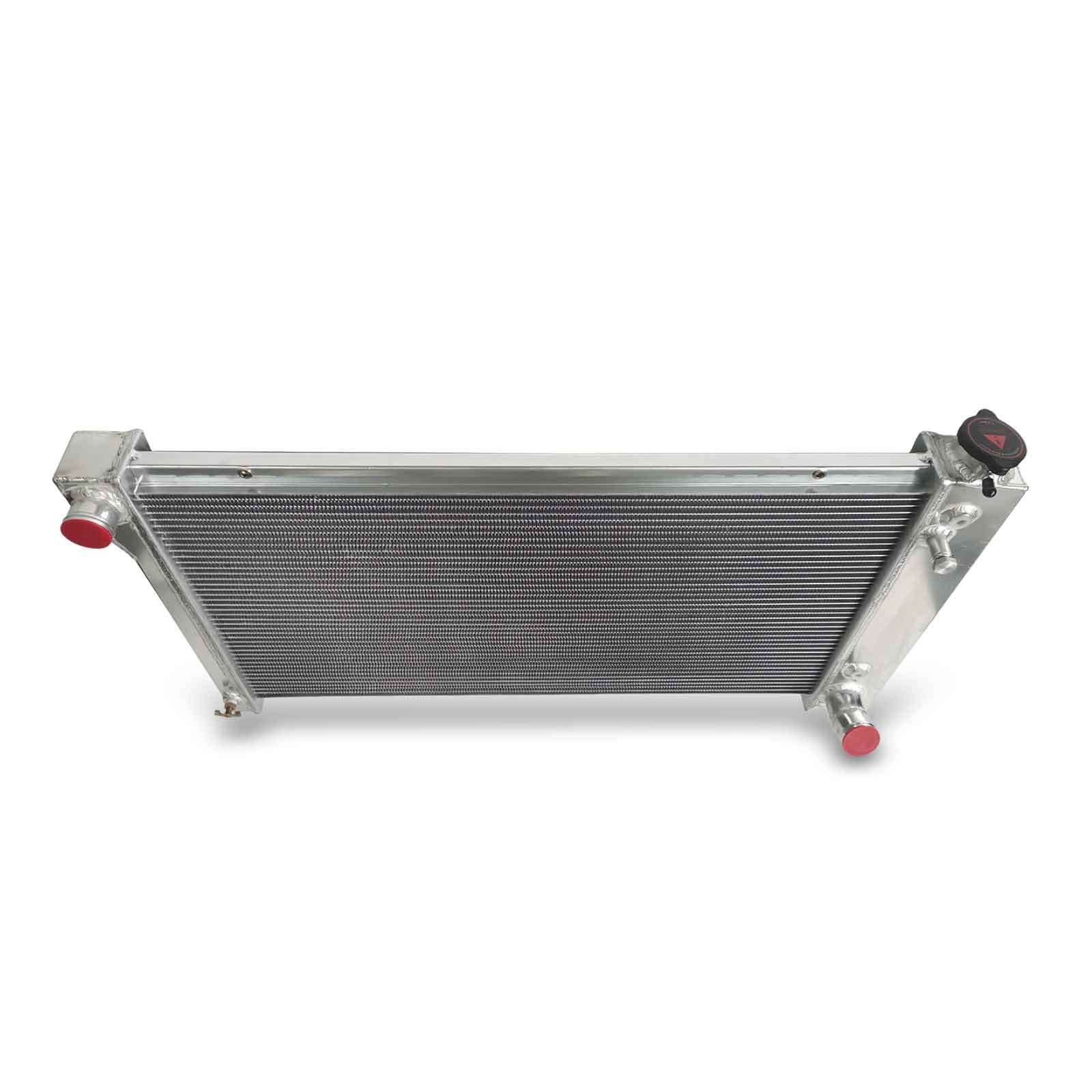 Top-down view of the 3-Row aluminum radiator for 1967-1979 Chevrolet & GMC trucks, highlighting the large filler neck and full core width.