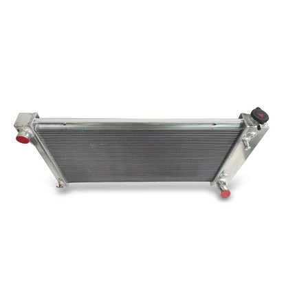 Top-down view of the 3-Row aluminum radiator for 1967-1979 Chevrolet & GMC trucks, highlighting the large filler neck and full core width.