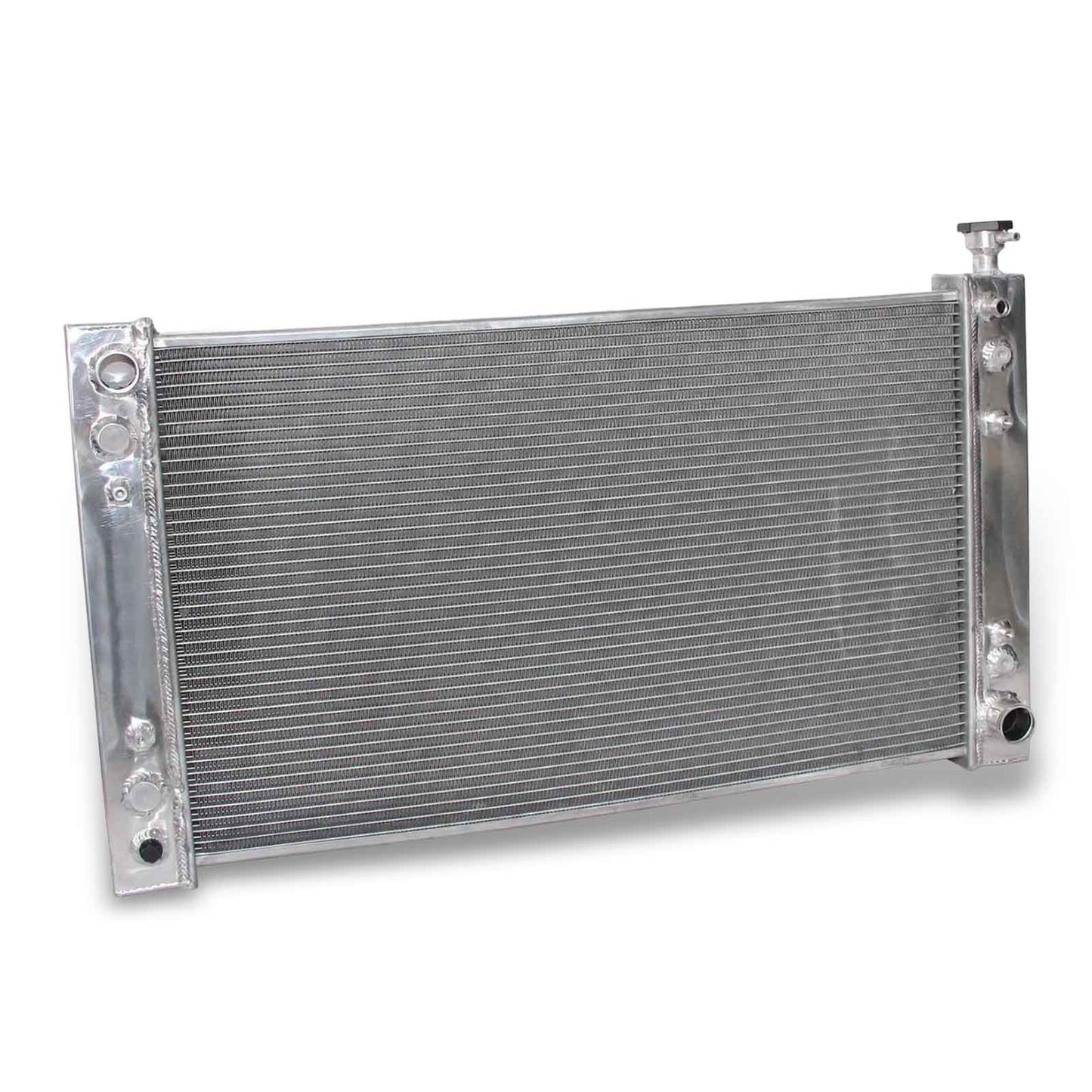 Left side profile of the 3-row aluminum radiator for 1988-1997 Chevy GMC C/K trucks, showing the driver-side inlet/outlet configuration.