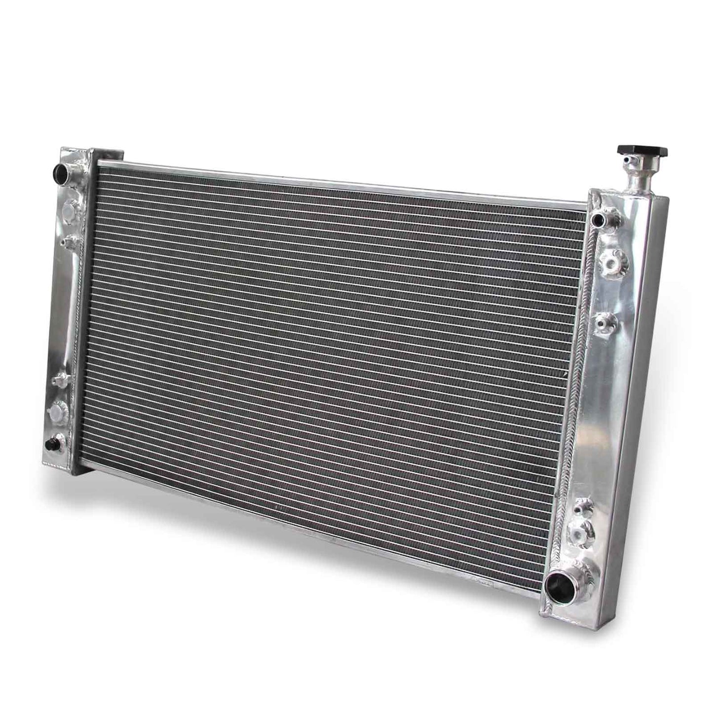 Right side profile of the 3-row aluminum radiator compatible with 88-97 Chevy C1500 and GMC C2500, showing core thickness and tank design.