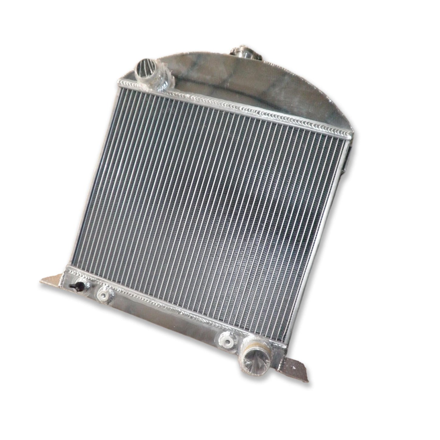 Right side profile of the radiator for a chopped Model A with a Chevy engine swap, showing TIG-welded construction.