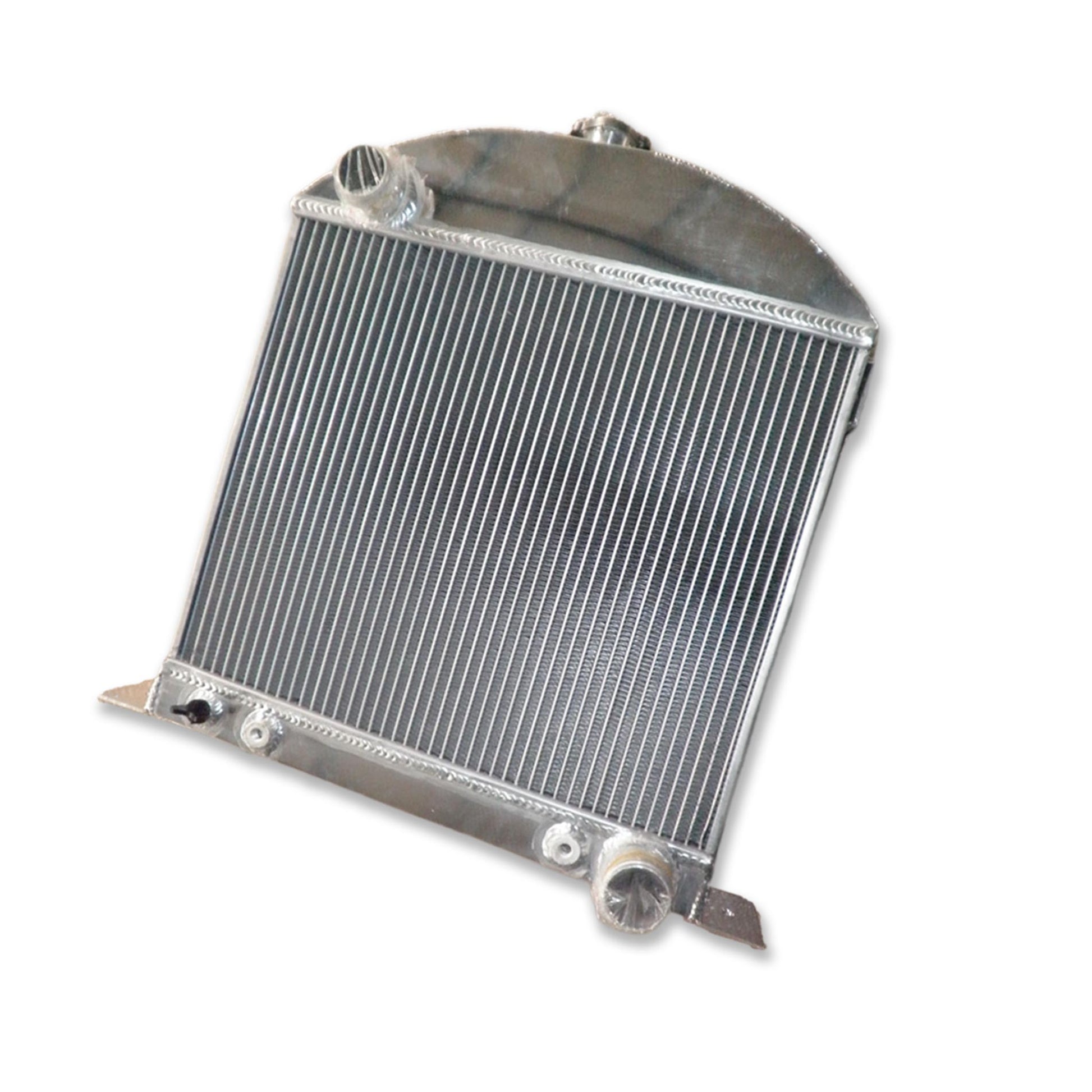 Right side profile of the radiator for a chopped Model A with a Chevy engine swap, showing TIG-welded construction.