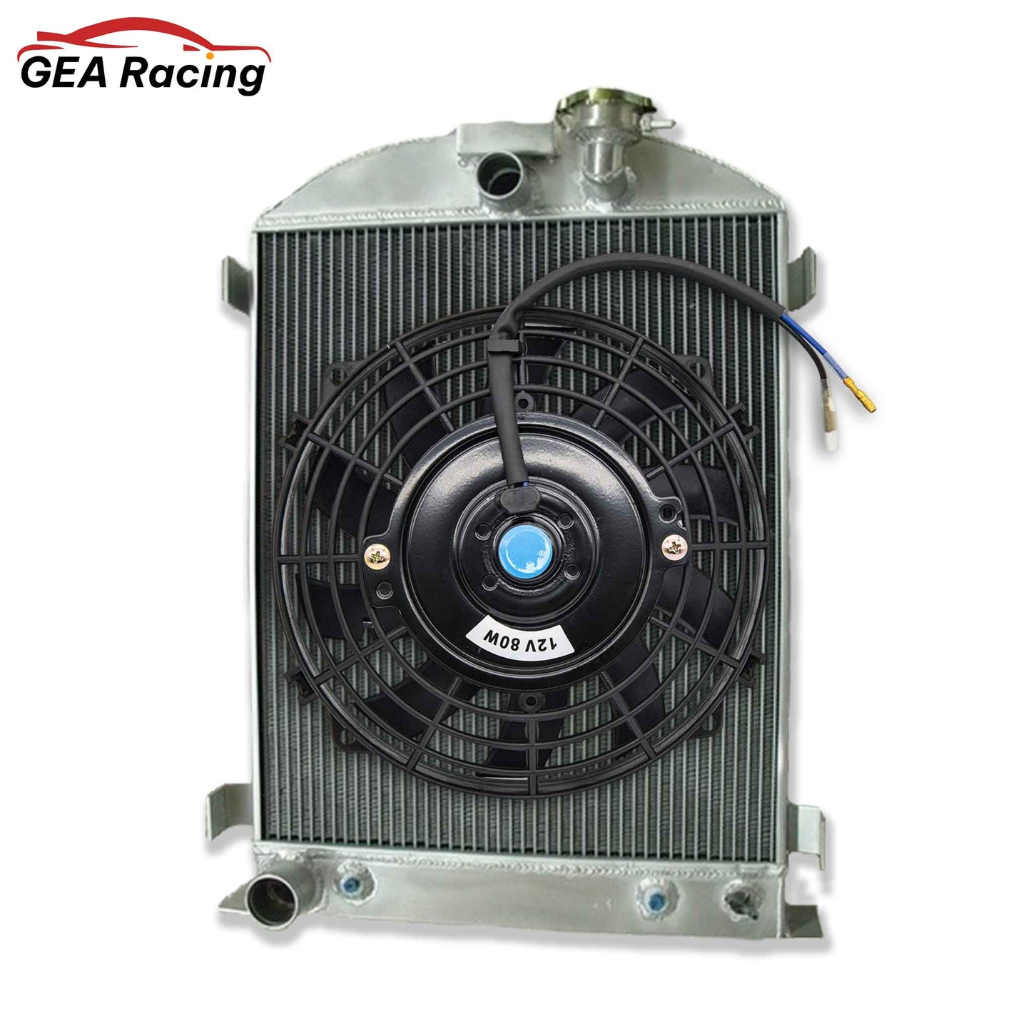 Complete cooling package: Shorter 3-row aluminum radiator with a high-performance fan and shroud for a 1932 Ford V8.