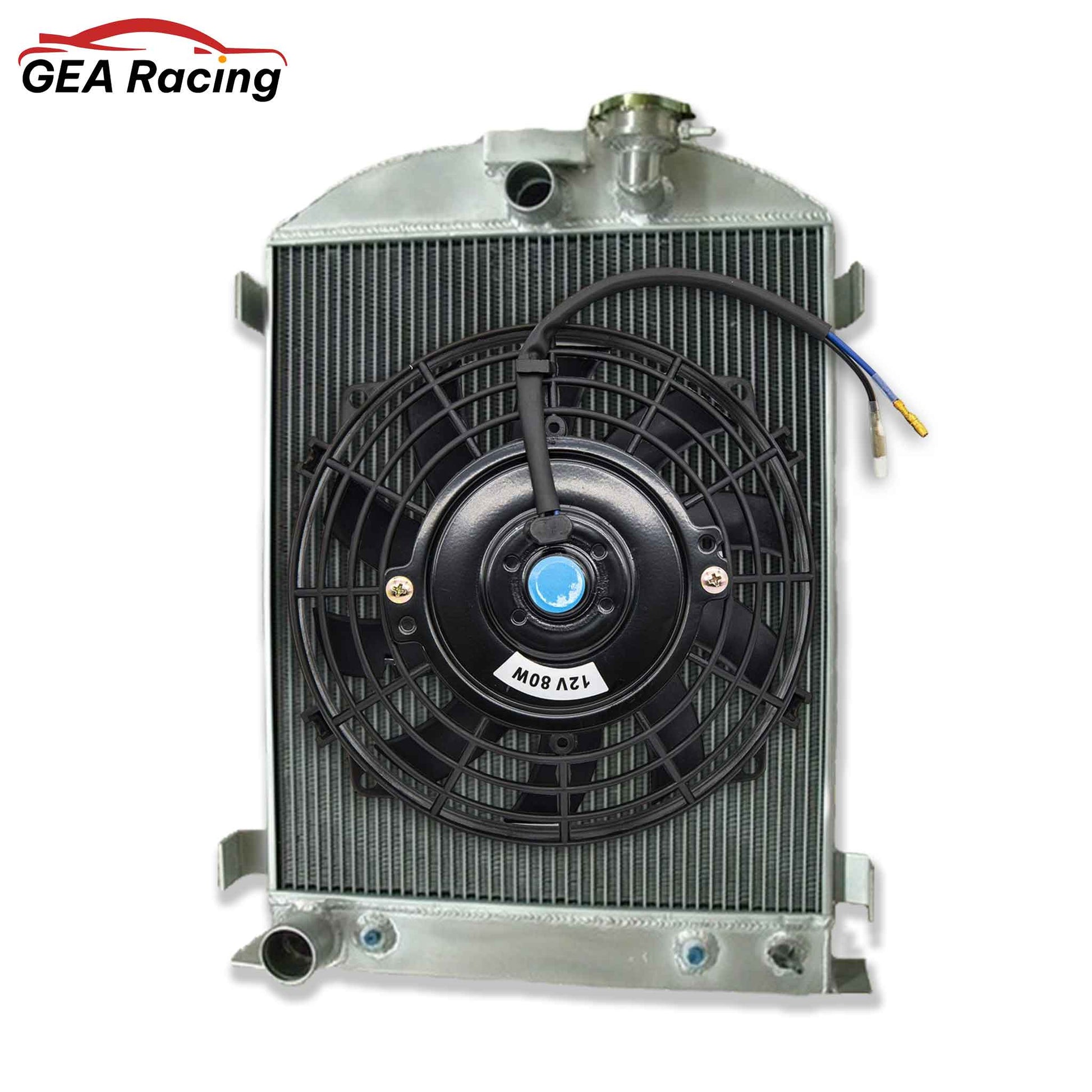 Complete cooling package: Shorter 3-row aluminum radiator with a high-performance fan and shroud for a 1932 Ford V8.