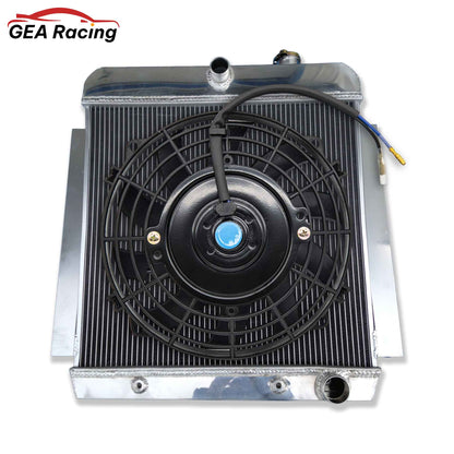 Complete cooling system: 3-row aluminum radiator with dual fans and shroud kit for a 1955-1959 Chevy V8 pickup truck.