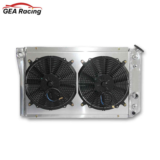 Front view of the 3-Row 52mm aluminum radiator and fan shroud kit for the 1984-1990 Chevrolet Corvette 5.7L V8.