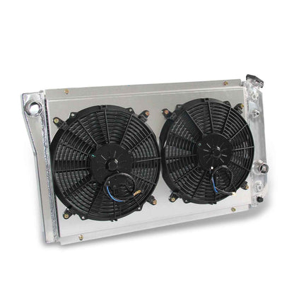 Left side profile of the 52mm 3-row aluminum radiator and fan shroud for the 1984-1990 Chevy Corvette, displaying total assembly thickness.