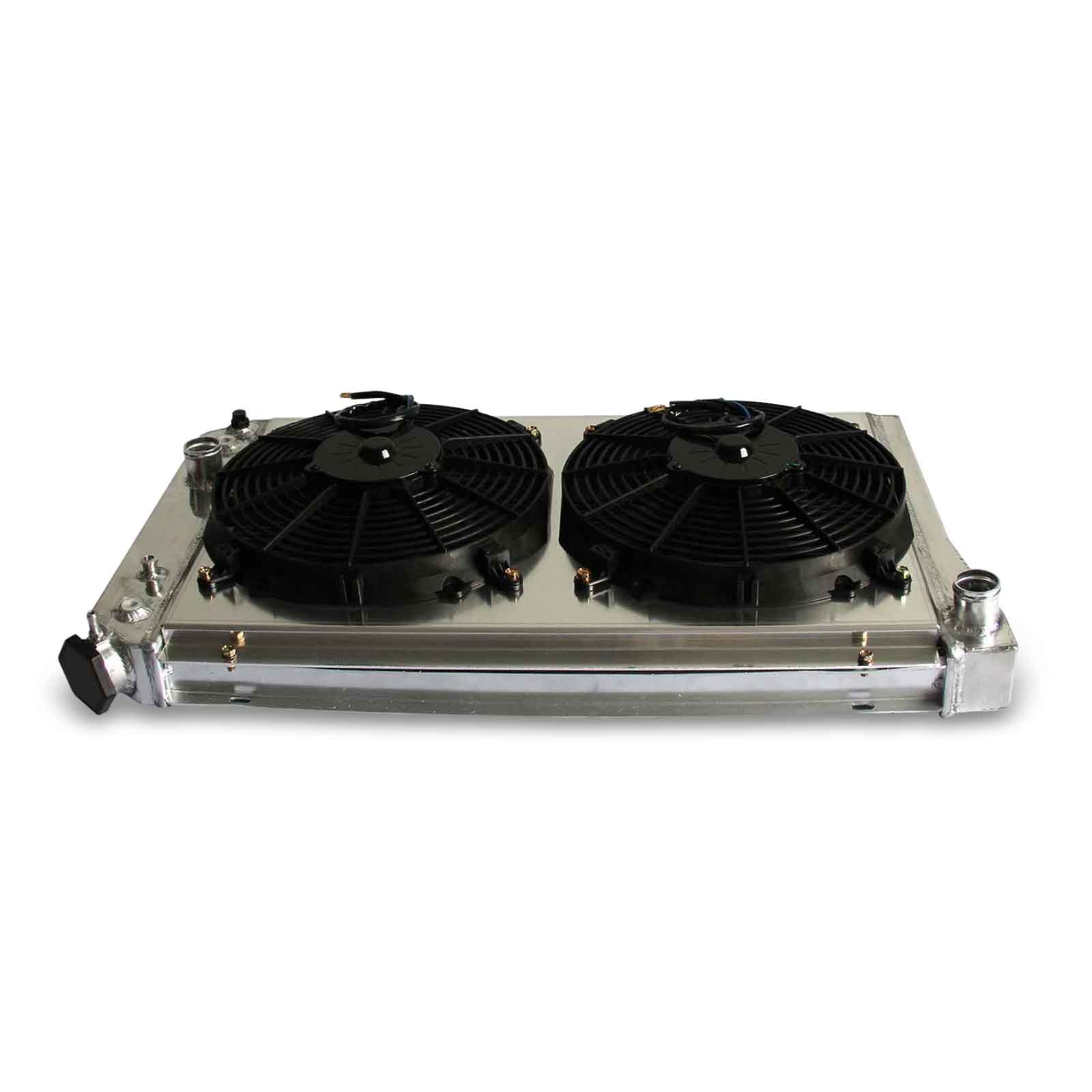 Top-down view of the 3-Row aluminum radiator and matching fan shroud for the Corvette C4, showing the complete cooling package.