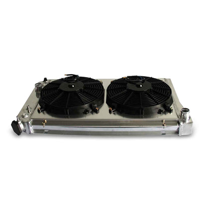 Top-down view of the 3-Row aluminum radiator and matching fan shroud for the Corvette C4, showing the complete cooling package.