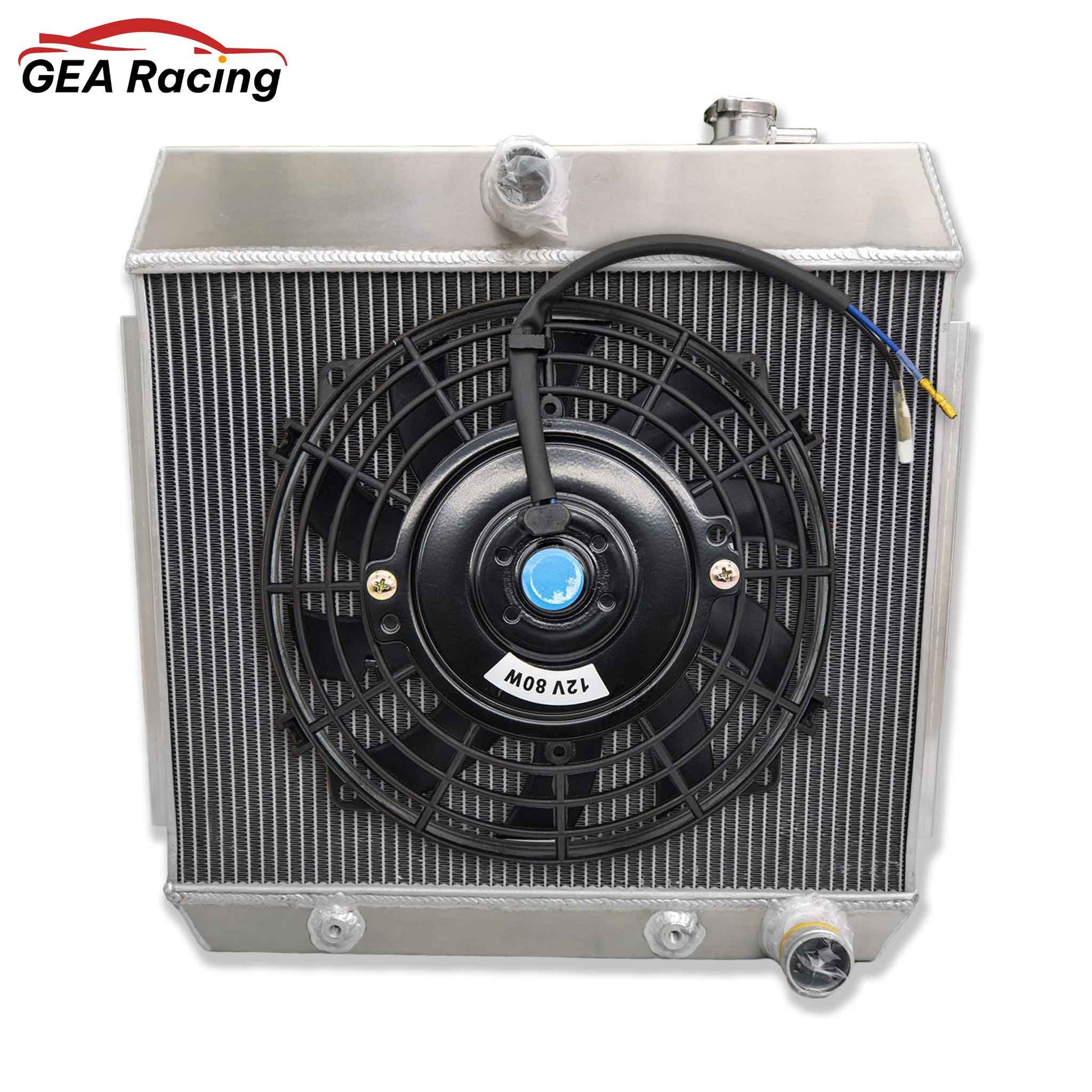 The optional 3-row radiator and fan shroud kit for a 1955-1957 Tri-Five Chevy, with a high-CFM electric fan for modern cooling.