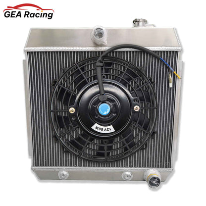 The optional 3-row radiator and fan shroud kit for a 1955-1957 Tri-Five Chevy, with a high-CFM electric fan for modern cooling.