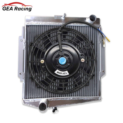 The optional 3-row radiator and fan shroud kit for the Datsun Roadster, featuring a high-performance slim electric fan for modern cooling.